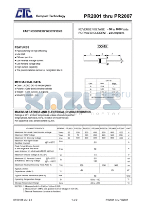 PR2001 datasheet - FAST RECOVERY RECTIFIERS