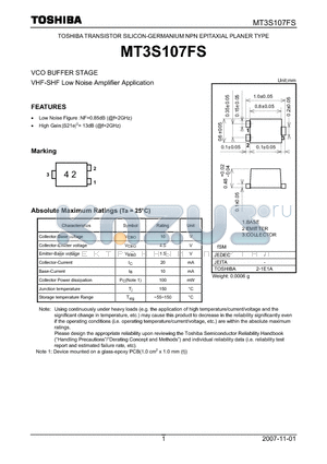 MT3S107FS datasheet - VHF-SHF Low Noise Amplifier Application