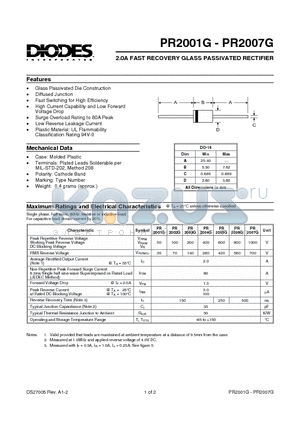 PR2002G datasheet - 2.0A FAST RECOVERY GLASS PASSIVATED RECTIFIER