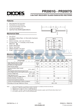 PR2002G-T datasheet - 2.0A FAST RECOVERY GLASS PASSIVATED RECTIFIER