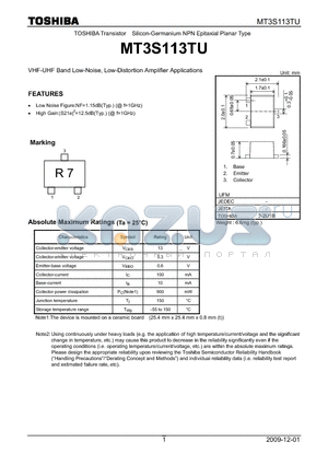 MT3S113TU datasheet - VHF-UHF Band Low-Noise, Low-Distortion Amplifier Applications