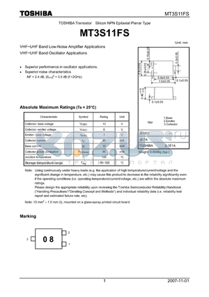 MT3S11FS datasheet - VHF~UHF Band Low-Noise Amplifier Applications