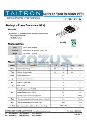 TIP102 datasheet - Darlington Power Transistors (NPN)