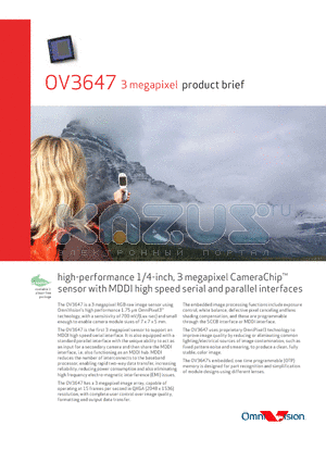 OV03647-V47A datasheet - high-performance 1/4-inch, 3 megapixel CameraChip sensor