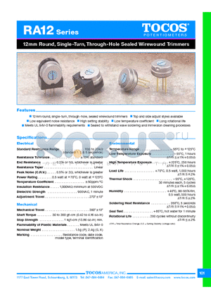 RA12SB100K datasheet - 12mm Round, Single-Turn, Through-Hole Sealed Wirewound Trimmers