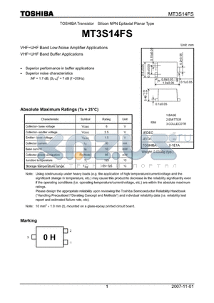 MT3S14FS datasheet - VHF~UHF Band Low-Noise Amplifier Applications