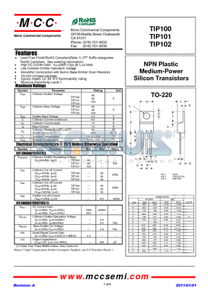 TIP102 datasheet - NPN Plastic Medium-Power Silicon Transistors