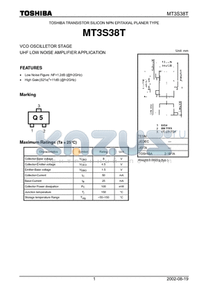 MT3S38T datasheet - TRANSISTOR SILICON NPN EPITAXIAL PLANER TYPE