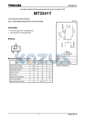 MT3S41T datasheet - VCO OSCILLETOR STAGE UHF LOW NOISE AMPLIFIER APPLICATION