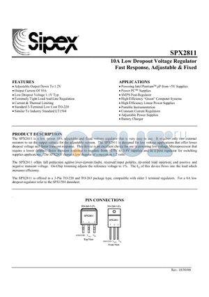 SPX2811 datasheet - 10A Low Dropout Voltage Regulator Fast Response, Adjustable & Fixed