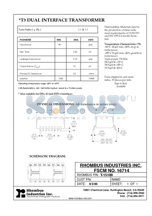 T-15100 datasheet - T3 DUAL INTERFACE TRANSFORMER
