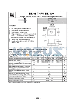SB305 datasheet - Single Phase 3.0 AMPS. Silicon Bridge Rectifiers