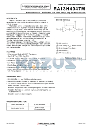 RA13H4047M datasheet - 400-470MHz 13W 12.5V, 2 Stage Amp. For MOBILE RADIO