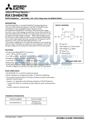 RA13H4047M_11 datasheet - RoHS Compliance , 400-470MHz 13W 12.5V, 2 Stage Amp. For MOBILE RADIO