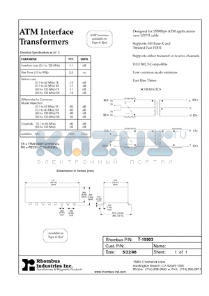 T-15503 datasheet - ATM Interface Transformers