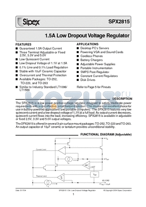 SPX2815AU datasheet - 1.5A Low Dropout Voltage Regulator Adjustable & Fixed Output, Fast Response