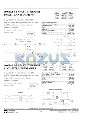 T-15527 datasheet - 100 BASE-T / FAST ETHERNET DUAL TRANSFORMERS