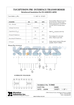 T-15802 datasheet - T1/CEPT/ISDN PRI INTERFACE TRANSFORMER