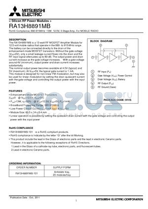 RA13H8891MB datasheet - RoHS Compliance, 880-915MHz 13W 12.5V, 3 Stage Amp. For MOBILE RADIO