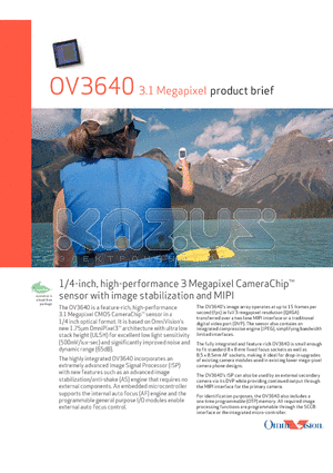 OV3640 datasheet - 1/4-inch, high-performance 3 Megapixel CameraChip sensor with image stabilization and MIPI