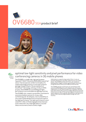 OV6680 datasheet - optimal low-light sensitivity and pixel performance for video conferencing cameras in 3G mobile phones