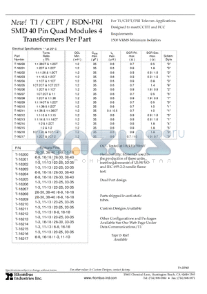 T-16210 datasheet - T1 / CEPT / ISDN-PRI SMD 40 Pin Quad Modules 4 Transformers Per Part