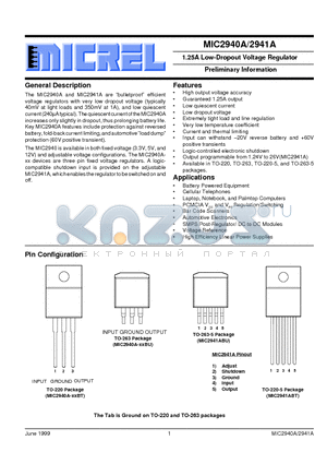 MIC2940A-5.0BU datasheet - 1.25A Low-Dropout Voltage Regulator Preliminary Information