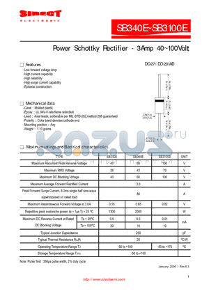 SB3100E datasheet - Power Schottky Rectifier - 3Amp 40~100Volt