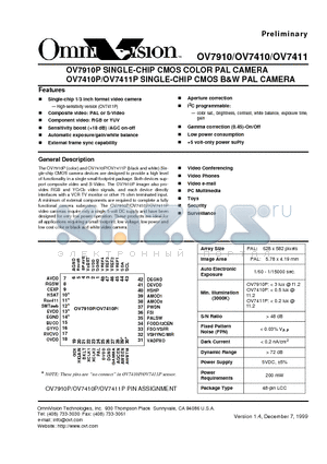 OV7411P datasheet - SINGLE-CHIP CMOS COLOR PAL CAMERA