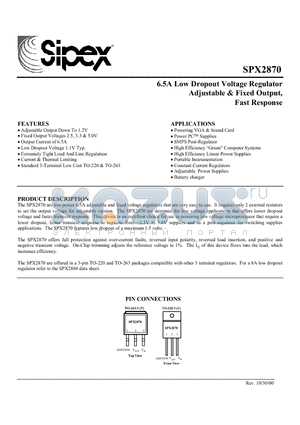 SPX2870T-5.0 datasheet - 6.5A Low Dropout Voltage Regulator Adjustable & Fixed Output, Fast Response