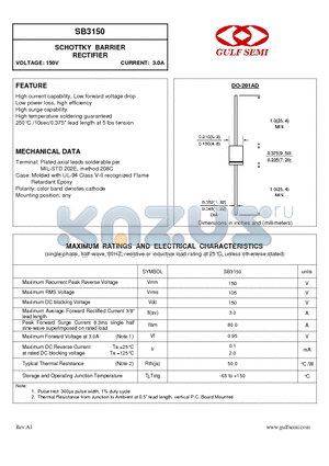 SB3150 datasheet - SCHOTTKY BARRIER RECTIFIER VOLTAGE: 150V CURRENT: 3.0A
