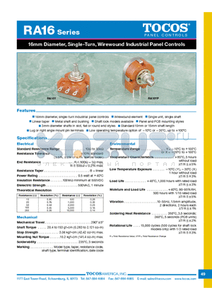 RA16XL10RB102F datasheet - 16mm Diameter, Single-Turn,Wirewound Industrial Panel Controls