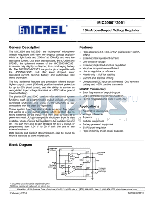 MIC2950 datasheet - 150mA Low-Dropout Voltage Regulator