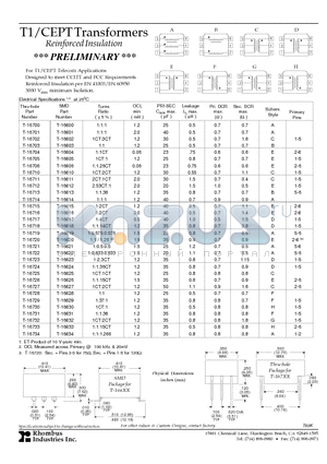 T-16602 datasheet - T1/CEPT Transformers
