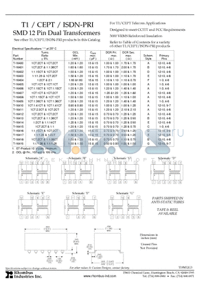 T-16413 datasheet - T1 / CEPT / ISDN-PRI SMD 12 Pin Dual Transformers