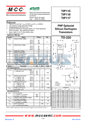 TIP116 datasheet - PNP Epitaxial Silicon Darlington Transistors