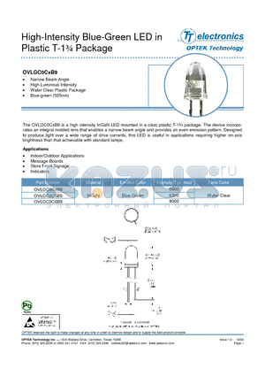 OVLGC0CXB9 datasheet - High-Intensity Blue-Green LED in Plastic T-1n Package