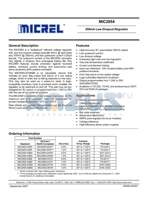 MIC2954-02BZ datasheet - 250mA Low-Dropout Regulator