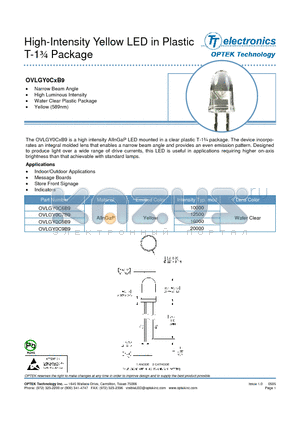 OVLGY0C6B9 datasheet - High-Intensity Yellow LED in Plastic T-1n Package