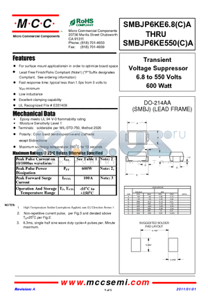 SMBJP6KE170A datasheet - Transient Voltage Suppressor 6.8 to 550 Volts 600 Watt