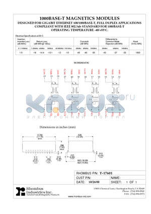 T-17601 datasheet - 1000BASE-T MAGNETICS MODULES