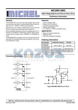 MIC2982 datasheet - High-Voltage High-Current Source Driver Array Preliminary Information