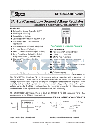 SPX29300U-1.8 datasheet - 3A High Current, Low Dropout Voltage Regulator Adjustable & Fixed Output, Fast Response Time