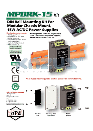 PDRK-15 datasheet - DIN Rail Mounting Kit For Modular Chassis Mount, 15W AC/DC Power Supplies