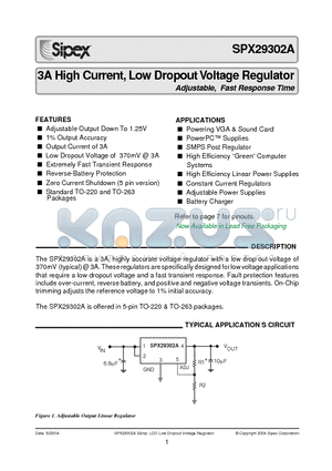 SPX29302AT5/TR datasheet - 3A High Current, Low Dropout Voltage Regulator Adjustable, Fast Response Time