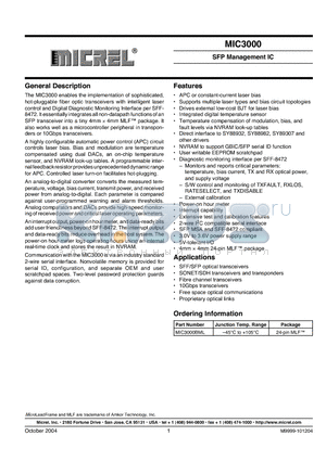 MIC3000 datasheet - SFP Management IC