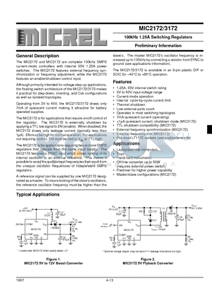 MIC3172BN datasheet - 100kHz 1.25A Switching Regulators Preliminary Information