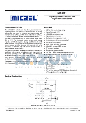 MIC3201 datasheet - High Brightness LED Driver with High-Side Current Sense