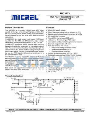 MIC3223YTSE datasheet - High Power Boost LED Driver with Integrated FET