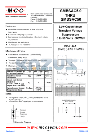 SMBSAC22 datasheet - Low Capacitance Transient Voltage Suppressors 5 to 50 Volts 500Watt